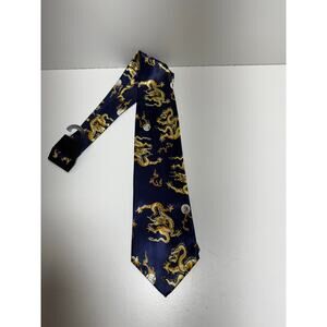 Kai Long Golden Dragon Necktie Men’s 62X4 Blue Silk Handmade Oriental Chinese